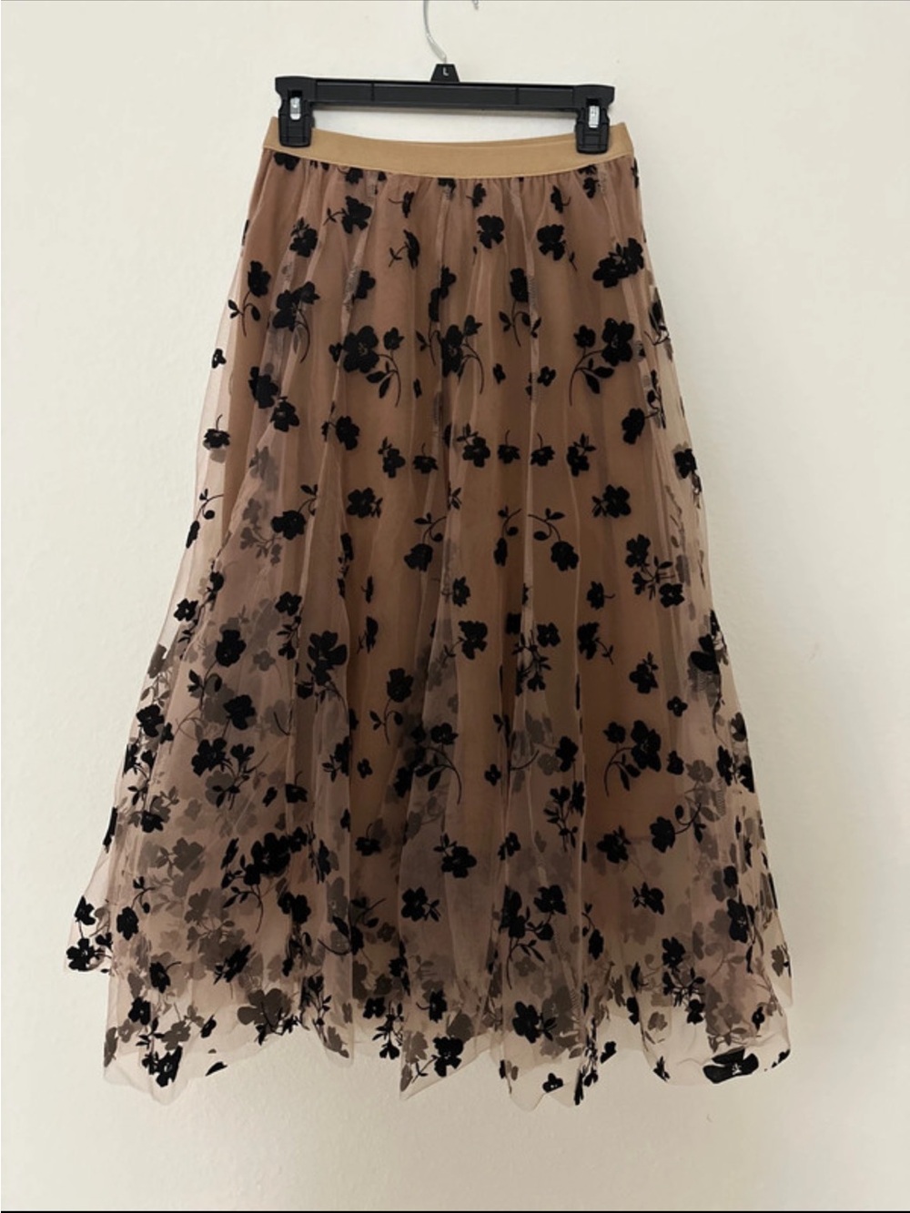 Chicwish Beige Tulle A-Line Skirt with Black Floral Velvet